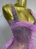 Women Sparkly Rhinestones Evening Prom Birthday Party Photoshoot Nightclub Stage Wear Sexy Mesh Ruffled See-Through Mini Dress