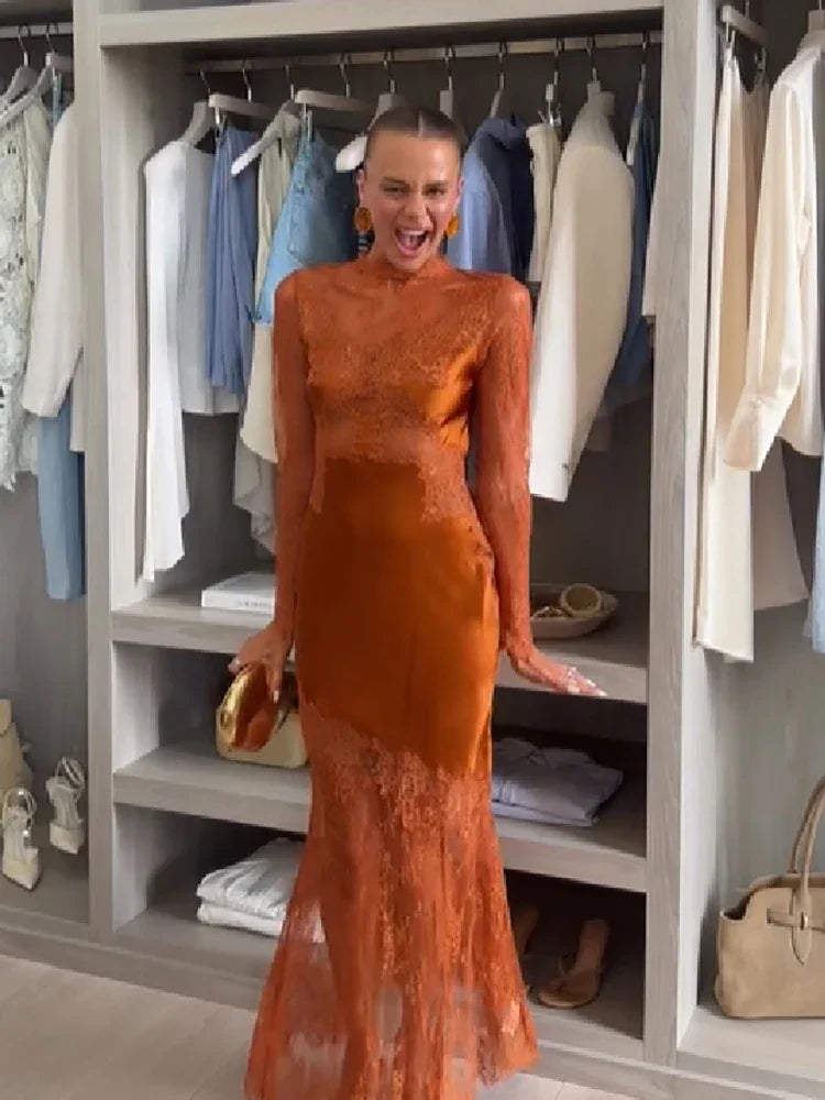 Women Sheer Lace Satin Mermaid Maxi Gown High Neck Long Sleeve Cutout Back Slim Fit Robe Formal Wedding Party 2026New Hot Gowns