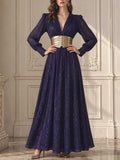 Glitter Deep V Flowy Floor Dress for Women Long Sleeve Ruched Bodice Gold Decorated Wide Waistband A Line Length for Party