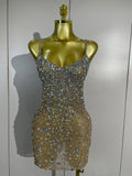 Women Evening Party Luxury Birthday Nightclub Stage Performance Wear Sexy Mesh See Through Sparkly Rhinestone Mini Bodycon Dress