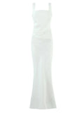 Sexy Satin Evening Long Dresses for Women Square Collar Sleeveless High Waist Folds Slimming Bodycon Dress Female