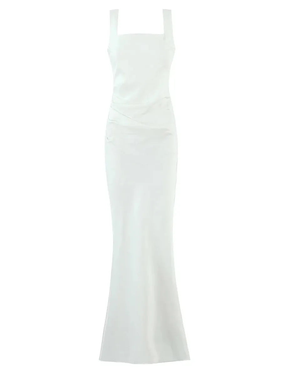 Sexy Satin Evening Long Dresses for Women Square Collar Sleeveless High Waist Folds Slimming Bodycon Dress Female