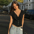 Women Summer Top Fashion Button-Front Patchwork V-Neck Pleated Fitted Top New Casual High-Street Party Female T-Shirts