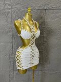 Women Sexy Sparkly White Braided Halter Mini Dress Gold Bead Trim Cutout Sides Ideal Beach Parties Vacations Special Occasions