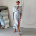 Deep V Neck Printed Ribbon Dress  Elegant Women Lace Patchwork Button Waist Cinching High Split Dress Lady Party Vestidos
