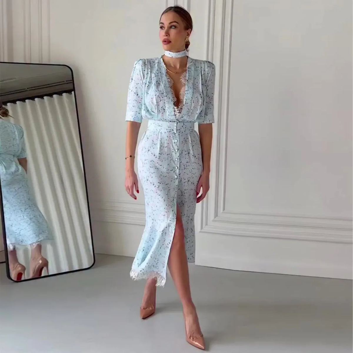 Deep V Neck Printed Ribbon Dress  Elegant Women Lace Patchwork Button Waist Cinching High Split Dress Lady Party Vestidos