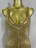 Sparkly Gold Rhinestones Sequins Fringe Jumpsuit Women Sexy Nightclub Party Birthday Outfit Show Singer Stage Perform Costume