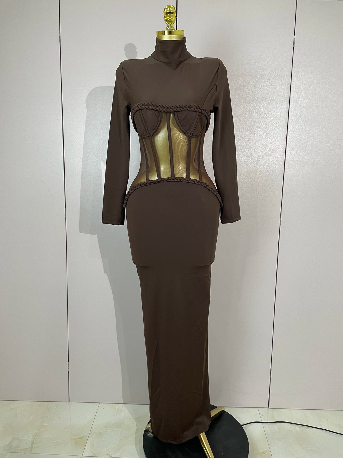 New Sexy Mesh See Through Brown Bodycon Long Sleeve Dress Women Celebrity Elegant Evening Party Luxury Birthday Fancy Club Gown