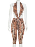 Sexy Backless Playsuit Woman Summer Trend Serpentine Print Halter Low-Neck Skinny Stretch Midnight Club Party Rompers
