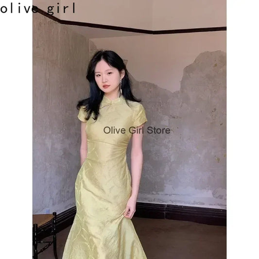 Olive Girl Green Romantic Qipao for Garden Wedding 2026 Fairycore Photoshoot Everyday Wear S-XXL XS-3XL Plus Size Romantic Garden Party Editorial Not Costume Qipao Cheongsam Chinese Dress Chinese Heritage Fashion Women