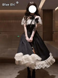 Olivegirl Party Kawaii Lolita Dress Bow Slash Neck Gothic Vintage Black Midi Dress Women Summer Harajuku Lace Halter Bodycon