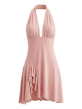 Vacation Pink Backless Mini Dress Female Plunge Neck Sleeveless Slimming Asymmetrical Hem for Urban Street Style