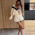 Color Block Zip Up Two Piece Set Women Long Sleeve Stand Collar Cropped Jacket High Waist Shorts 2026 Spring Summer Casual Suit