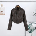 Fashion Women's Cropped Jacket Coat Faux Leather Stand Collar Long Sleeve Biker Style PU Leather Coats Streetwear Outerwear Top