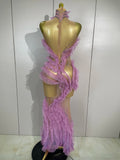 2026 Sparkly Rhinestone Ruffled Mesh See-Through Long Dress Women Birthday Eveing Party Sexy Photo Shoot Nightclub Stage Costume