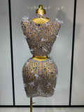 Sparkling Rhinestone Sexy See Through Blackless Top Skirt Two Pieces Set Woman Luxury Birthday Evening Party Gowns