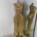 Sparkly Diamonds Sequins Fringes Luxury Jumpsuit Gold Sleeveless Mesh Performance Dance Costume Nightclub Singer Stage Rompers