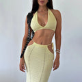 Women 2 Piece Set Sexy Halter Sleeveless Triangle Bra Crop Top Hollow Maxi Skirt Set Slim Knit Summer Beach Vacation Set