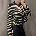 Women Round Neck Zebra Striped Zip‑Up Jacket Long Sleeve Zebra Print Cropped Faux Leather Loose Casual Streetwear Outerwear Coat