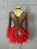 Red Pink Slim-fit Feather-Trimmed Sheer Dress Sexy Performance Costume Dance Party Singer Stage Nightclub Luxury Outfit