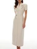 Apricot Mandarin Collar Maxi Dress for Women Short Sleeve Beaded Embroidery Tailored Waist Back Slit Design for Formal Event