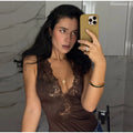 Sexy Satin Lace Patchwork Bodysuit Women V-neck Backless Sleeveless Solid Slim Fit Top 2026 Summer New Fashion Street Clothing