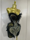 Sexy Strapless Black Mesh See Through Mini Dress Women Eveing Luxury Sparkly Diamonds Birthday Bar Party Nightclub Stage Costume