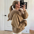 Women Hooded Knit Cardigan Sweater Coat Fluffy Faux Fur Collar Two Way Zip Solid  Loose Casual Jacket 2026 Autumn Winter
