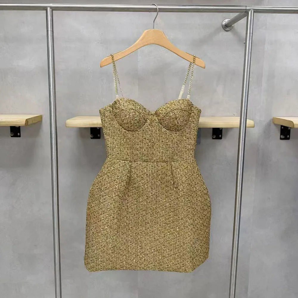 Tweed Mini Dress for Women Chain Spaghetti Strap Sweetheart Neck Pleated A Line Short Dress for Cocktail Party Homecoming