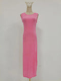 Solid Spliced Tassel Dresses Suit for Women O Neck Sleeveless High Waist Long Dress with Sling Two Piece Set Female