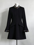 Black Luxury Crystal Slim Fit Mini Dresses For Women Stand Neck Long Sleeved Tunic Dress Female New