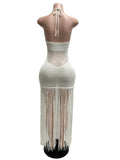 Sexy Cutout Crochet Beach Dress 2026 Summer Women One Shoulder Backless Knitted Sequined Fringe Tassel Midi Dress Clubwear