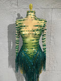Sexy Green Rhinestone Mesh skirt HighNeck Long Sleeve Sheer Tassel Outfit Women Cocktail  Costume Stage Performance Show Party