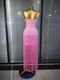 4 Colors Women Sexy Strap Shining Beading Long Tassles Bodycon Long Bandage Dress Elegant Evening Party Celebrate Birthday Wear