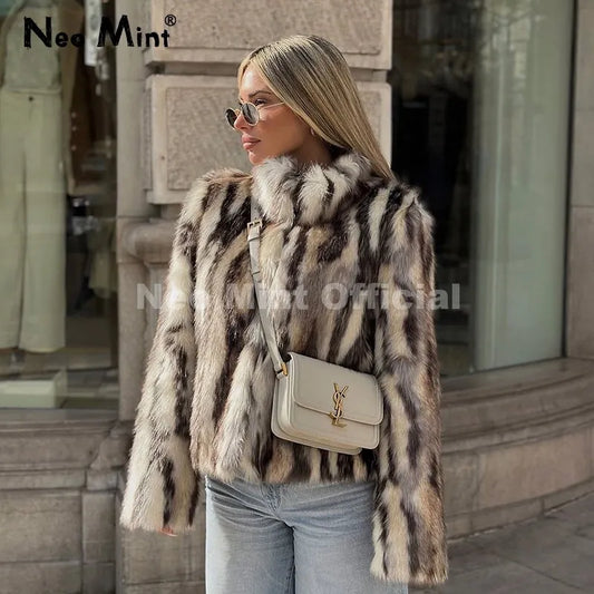 Brand Designer Zebra Strip Print Faux Fur Jacket Women Autumn Winter Stand Collar Fox Fur Coat Ins Girls Outerwear