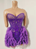 Sparkly Purple Diamonds Mesh Ruffled See Through Mini Dress Women Sexy Strapless Birthday Evening Party Nightclub Stage Costume