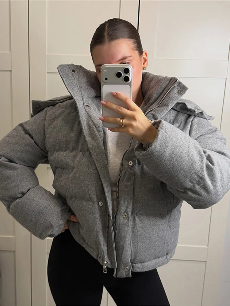 Women Hooded Stand Collar Cropped Puffer Jacket Zip Snap Button Loose Slim Short Quilted 2026 Casual Winter Warm Outerwear Coat