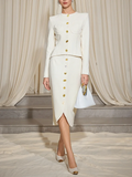 Minimalist Style Two Piece Set Female O Neck Long Sleeve Top with Button High Waist Split Bodycon Office Skirts Suit Female