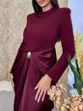 Sexy Evening Party Black Color Midi Dress for Women O Neck Long Sleeve Pachwork Metal Buckle Folds Bodycon Dresses Female