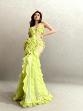 Elegant Sparkly Green Rhinestones Mesh Sheer Ruffle Maxi Dress Celebrate Eveing Birthday Party Nightclub Red Carpet Stage Wear