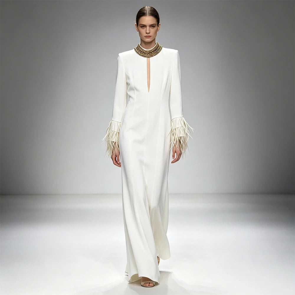 Beaded Feather Formal Evening Dress Apricot Long Sleeves Slim fit Women's Gowns Elegant Wedding Party Dress
