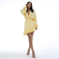 Elegant Asymmetric Cascading Ruffles Mini Dress Women Loose Solid V-neck Full Sleeve Button Summer Dresses  Lady Robes New