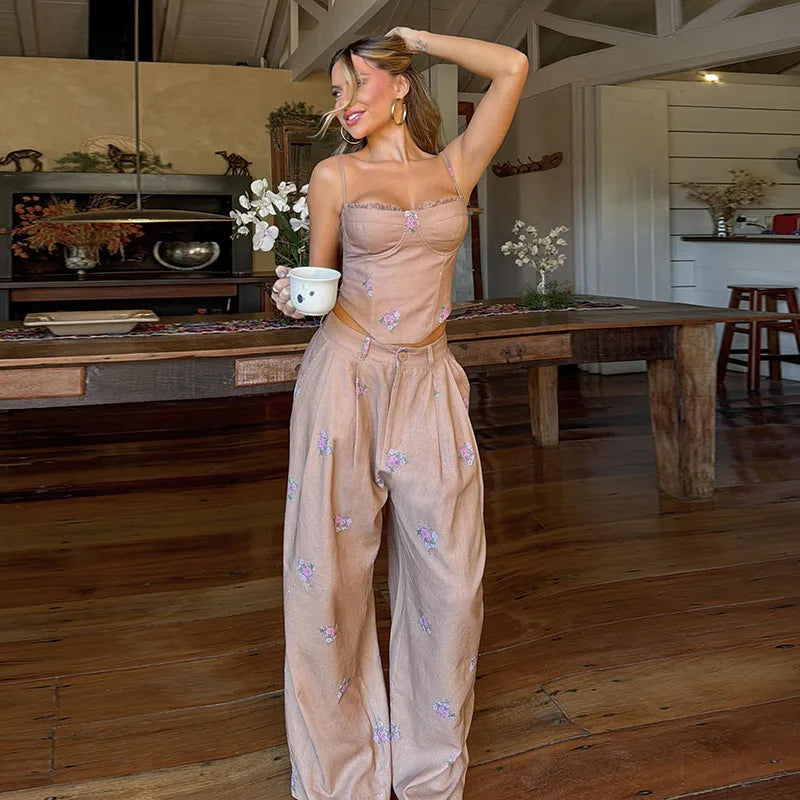 Floral Print Ruched Strapless Tube Top Elastic Waist Wide Leg Pants 2-Piece Set 2026 Summer Women Resort Bohemian Casual Outfit