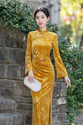 Olivegirl Chinese Dress Qipao 2026 Spring Gold Improved Velvet Waist Long Daily Young Long-sleeved Cheongsam Dress
