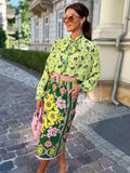 Bow Tie Neck Women Floral Print Set Long Puff Sleeve Cuff Trim Loose Blouse Vibrant Ethnic Midi Skirt Straight Hem Street Daily