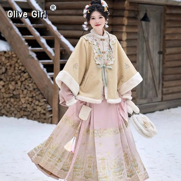 Hanfu Women's Clothing Autumn Winter Embroidery Jacket New Year Three Piece Set Hanfu Chinese Dress Cosplay Party Princess