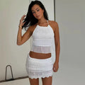 Sexy Halter Lace Up Ruched Mini Skirt Set Women Solid Sleeveless Backless Tops Low Waist Slim Skirts 2025 Summer Lady Beach Suit