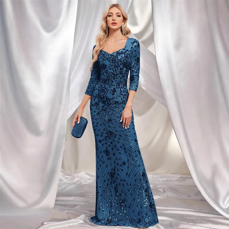 Luxury Evening Dress Women Half Sleeve Mermaid Formal Sequin Prom Maxi Dress Elegant Wedding Party Cocktail Graduation Gown