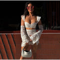 Sexy Lace Hollow Out Skirt Sets Women Crop Flare Sleeve Tops See Through Hip Package Mini Skirts 2026 Summer Lady Party Outfits