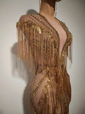 Women Sexy Mesh Sparkly Rhinestone Tassels Stretch Long Dress Evening Nightclub Singer Dance Stage Costume Luxury Birthday Gowns